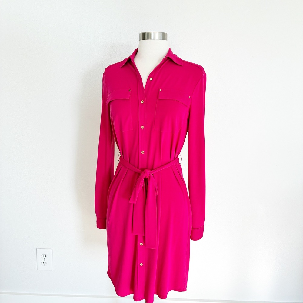 Calvin Klein Shirt Dress Womens 2 Hot Pink Long Sleeve Button Front Belted Mini